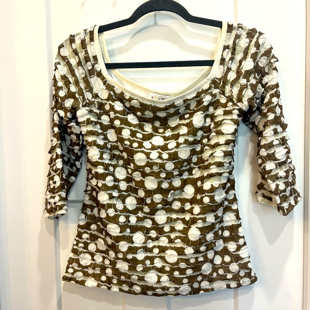 Joseph Ribkoff Women’s Brown White Polka Dot Blouse 3/4 Sleeve Size 8 Scoop Neck